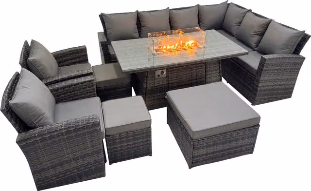 Fimous Rattan L-Shape Corner Sofa Set with Gas Fire Pit Table and 3 Matching Ottomans in Dark Grey – 1