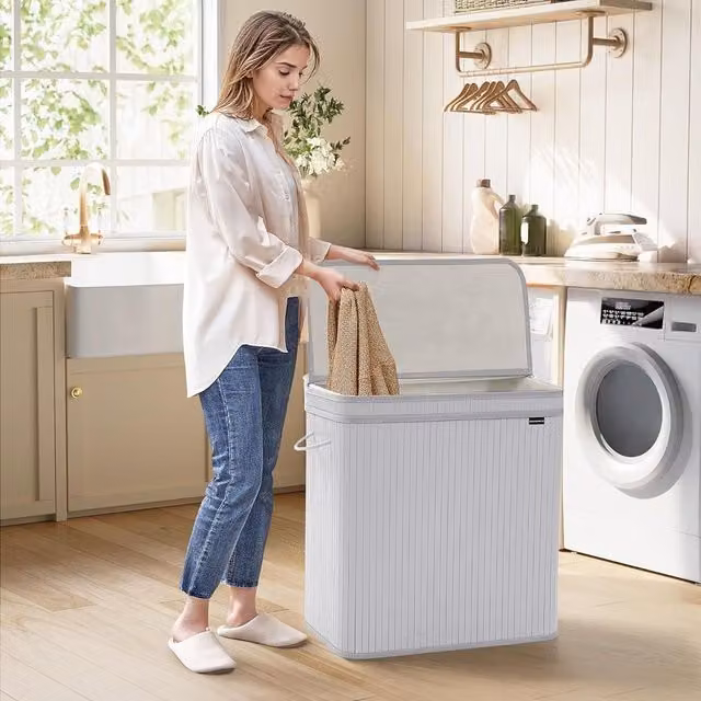 SONGMICS Extra Large Bamboo Laundry Hamper with Lid and Removable Bag in Light Grey