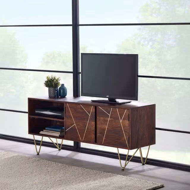 IH Design Plasma Media Unit Dallas in Dark Mango and Gold Wood and Metal Mid-Century Geometric Design