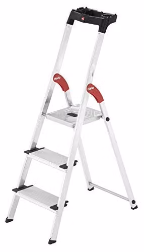 Hailo 8040-307 XXL 3-Step Aluminium Safety Ladder in Silver with Multifunction Tray and Rubber Feet