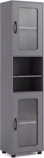 Costway Tall Grey Bathroom Storage Cabinet with Glass Doors and Adjustable Internal Shelves – 1