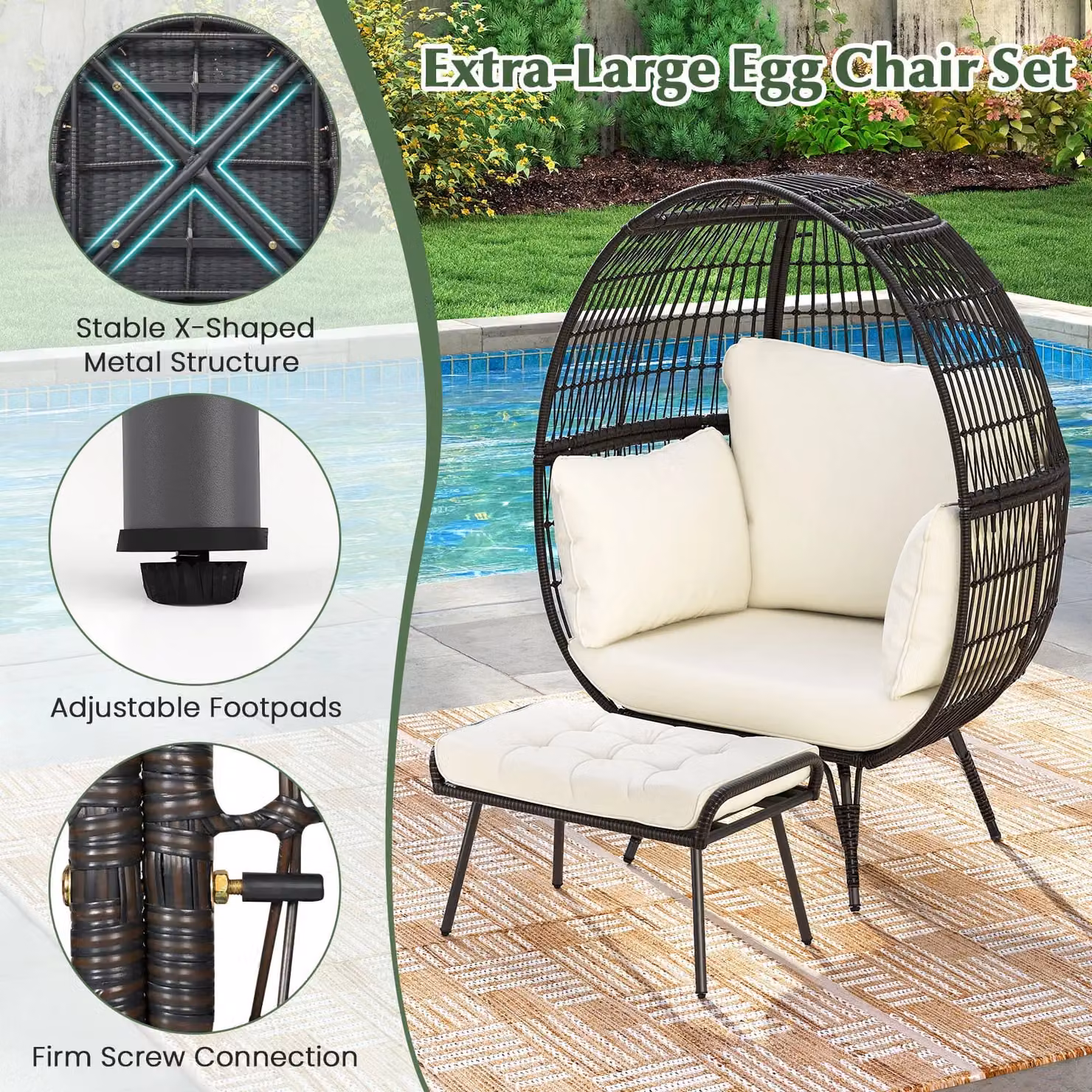 Gymax Oversized Egg Chair and Ottoman Set with Cushions in White – 6
