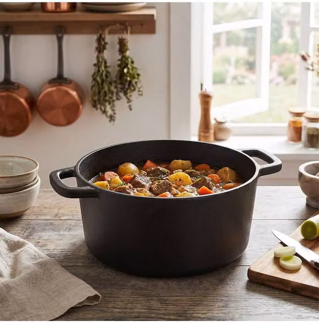 Living and Home Black Uncoated Cast Iron Stock Pot with Glass Lid and Dual Handles