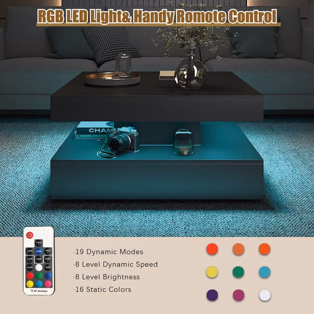KEEPREAPER Modern LED Coffee Table with 2 Storage Drawers in Black – 6