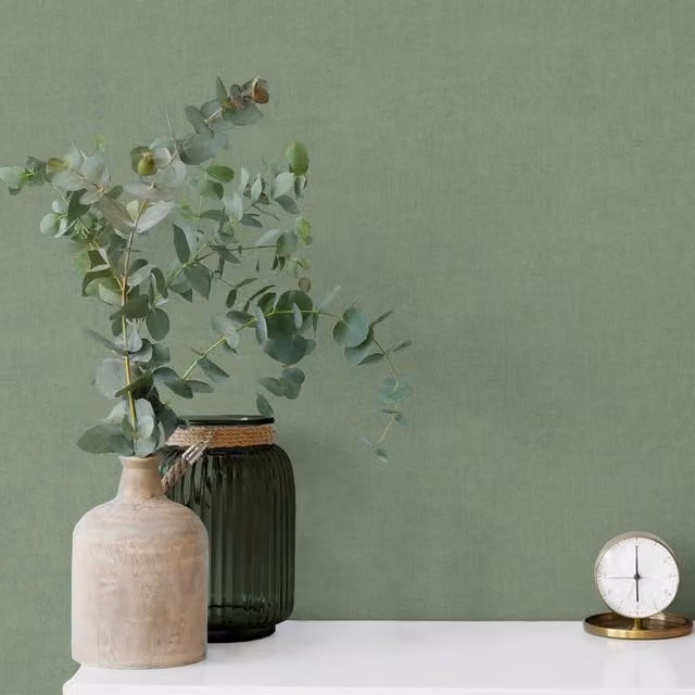 Grandeco Varadero Plain Plaster Effect Vinyl Wallpaper in Green