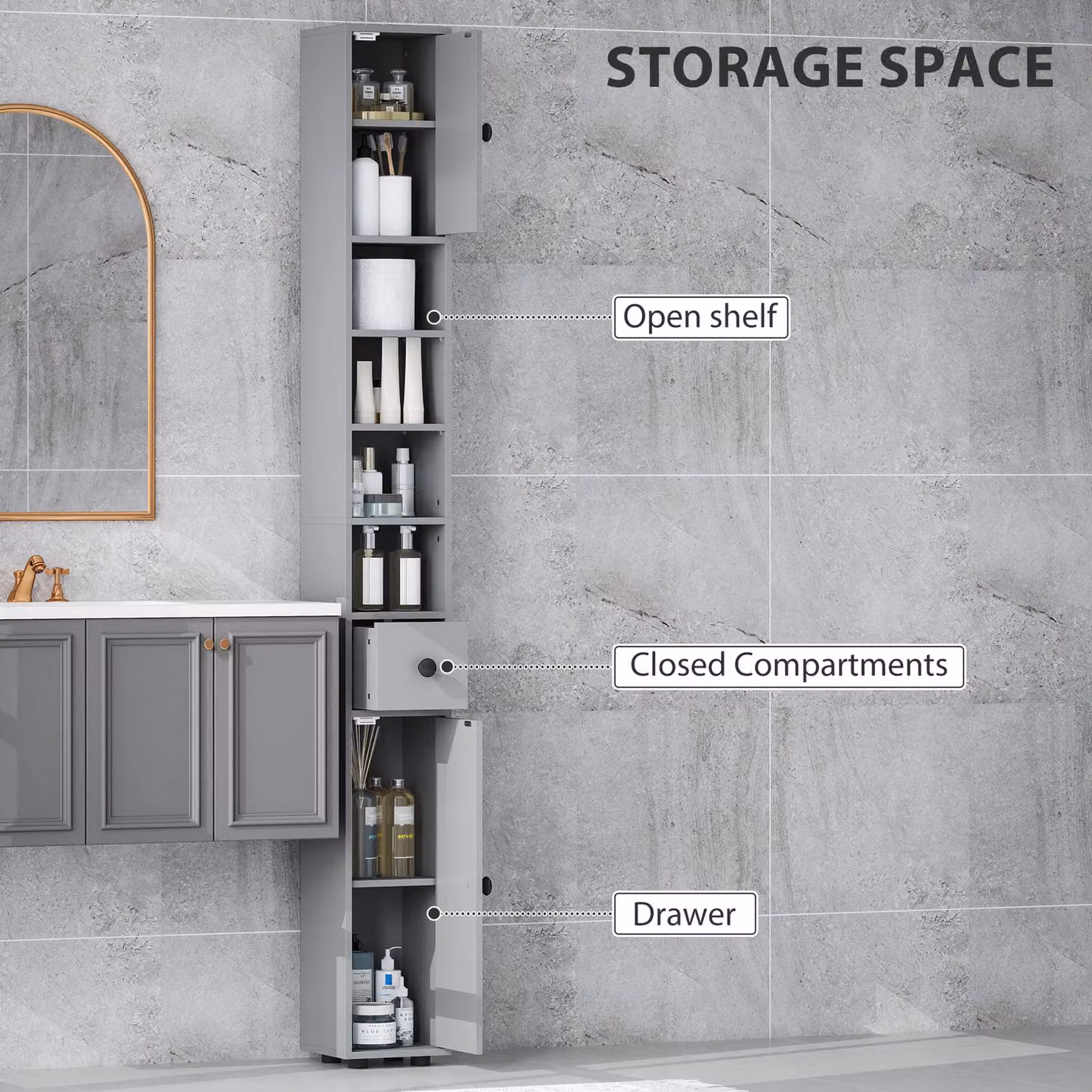 Kleankin Slim Grey Bathroom Cabinet with Open Shelves and 2 Hinged Doors, H 180 x W 20 x D 20 cm – 3