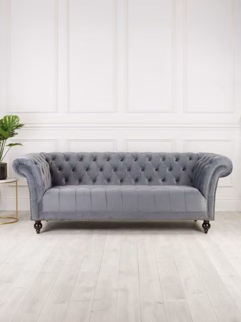 Birlea Chesterfield 3 Seater Sofa in Grey Velvet Fabric