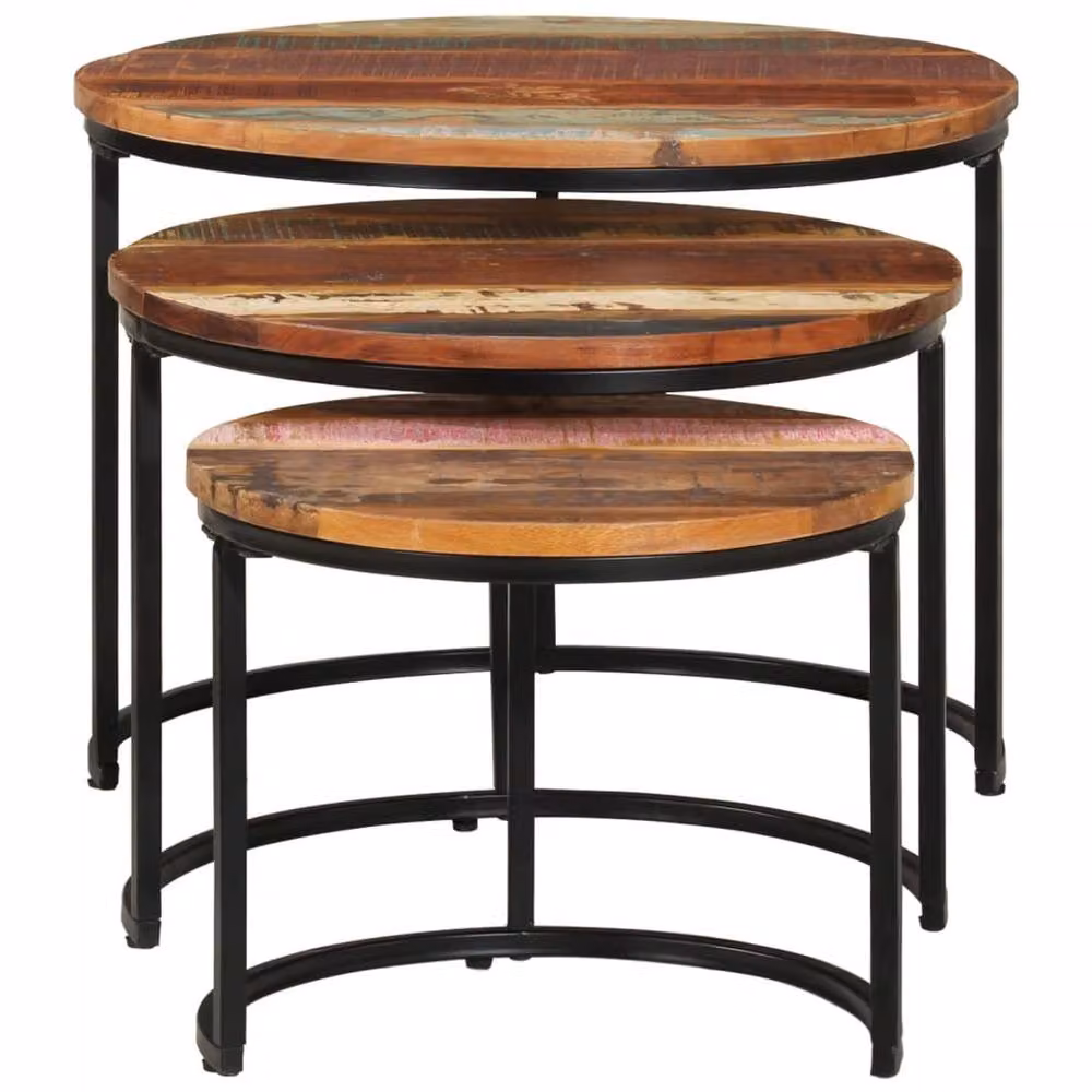 Berkfield Home Set of 3 Round Nesting Tables in Brown Solid Reclaimed Wood – 2