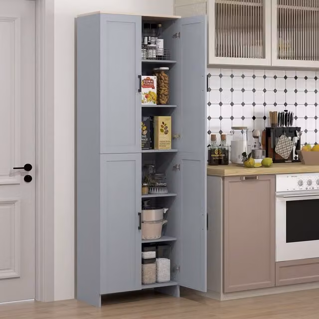 HOMCOM Modern Grey Kitchen Cupboard Storage Cabinet with 6 Shelves and Hinged Doors, H 170.5 x W 60.0 cm – 1