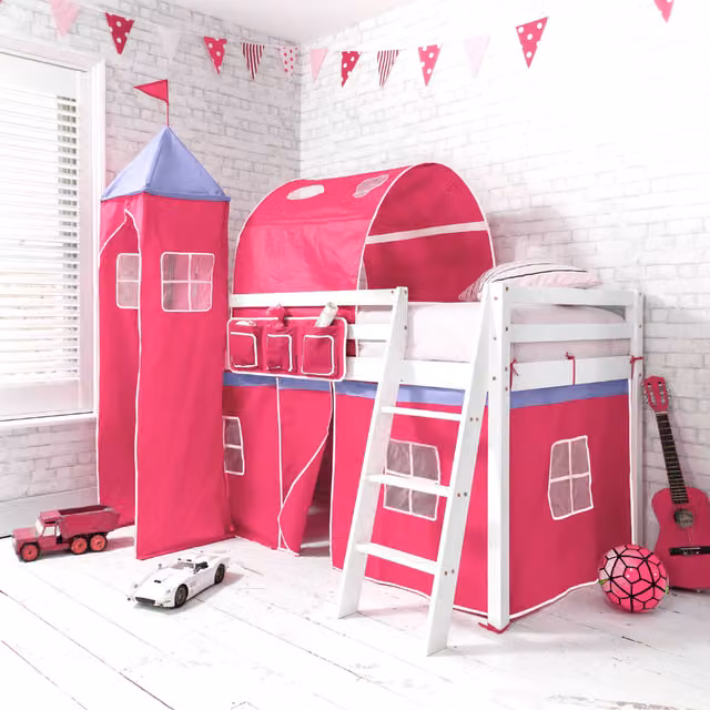 Noa and Nani Moro Cabin Midsleeper Bed with Pink Tent, Tower and Tunnel in White and Pink Solid Wood