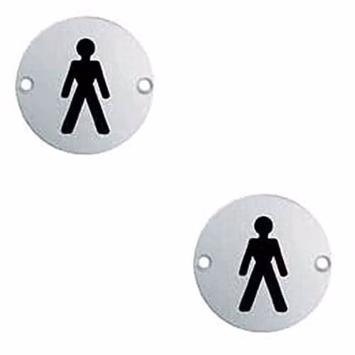 Loops 2 Pack Male Symbol Bathroom Door Sign, Silver Brushed Aluminium, Diameter: 7.6 cm