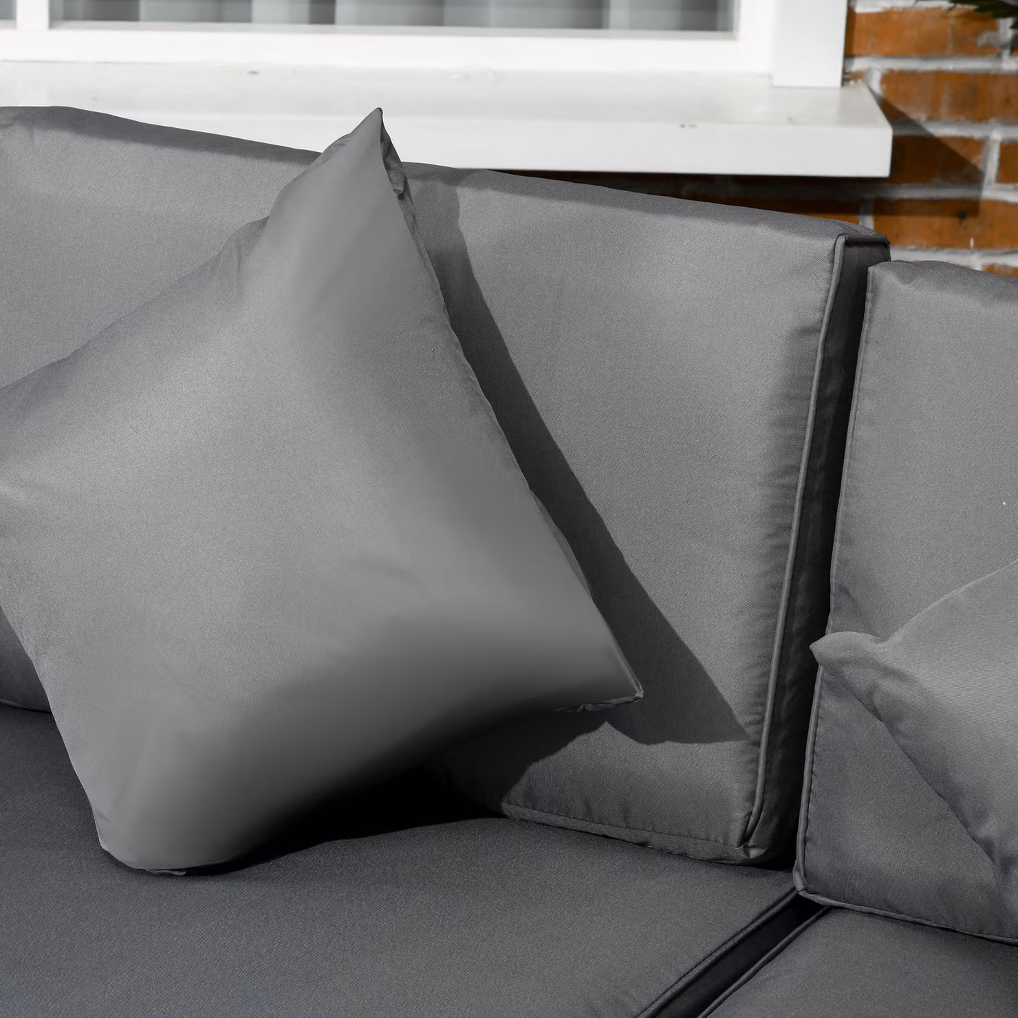 Outsunny 8 Piece Grey Rattan L-Shape Garden Furniture Set with Upholstered Cushions, Ottoman and Coffee Table – 7
