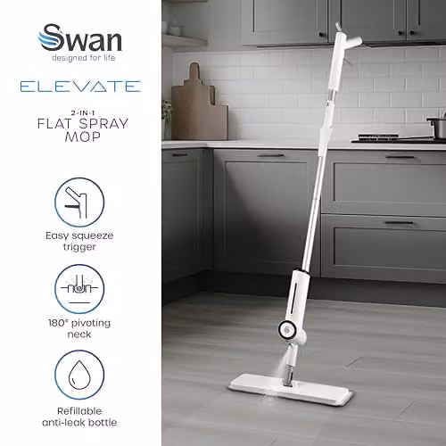 Swan Elevate 2-in-1 Microfibre Spray Mop for Floor Cleaning in White with Refillable Bottle, 2 Reusable Pads and Scraper Tool – 2