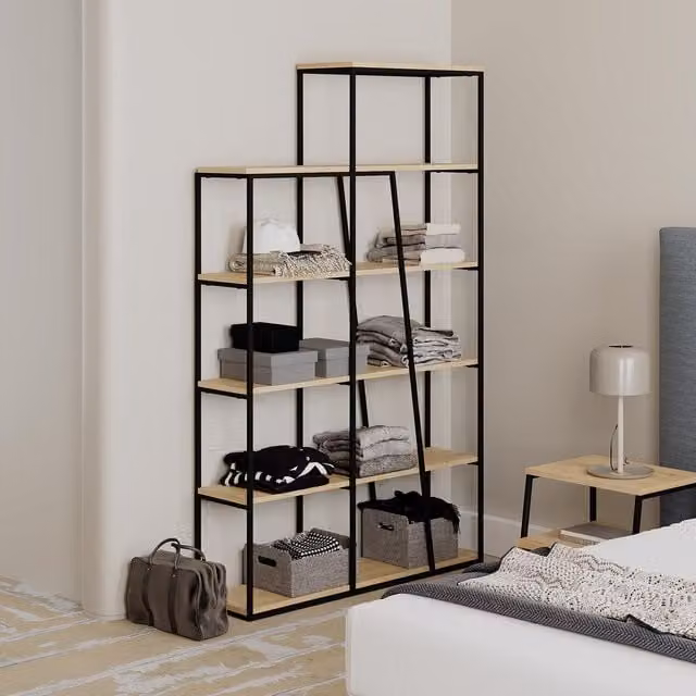 FWStyle Industrial Style Metal Bookshelf in Black and Natural Oak