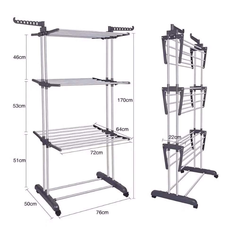 EONLION 4 Tier Foldable Stainless Steel Clothes Airer Rack in Silver, Width: 100 cm – 2