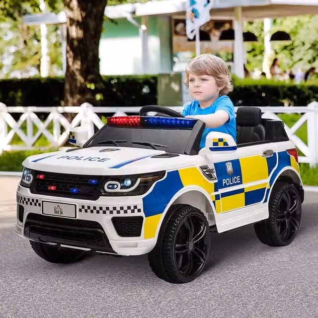 HOMCOM 12V Kids Portable Electric Ride On Police Car with Light and Sound, White