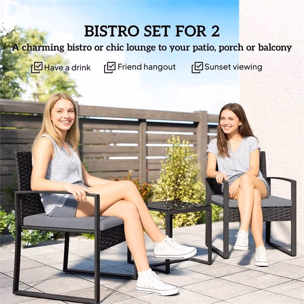 SPETLEK Black 3 Piece Cushioned Polyrattan Bistro Set for Garden and Terrace, W: 100 cm, D: 60 cm – 5