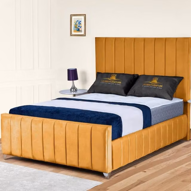 UK Bed Furniture Milano Single Upholstered Slatted Base Bed with 48 Inch Headboard in Yellow Velvet
