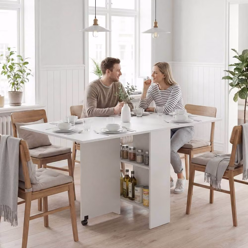 HOMCOM Modern White Folding Drop Leaf Dining Table for 4-6 People, Width: 80-140 cm – 2