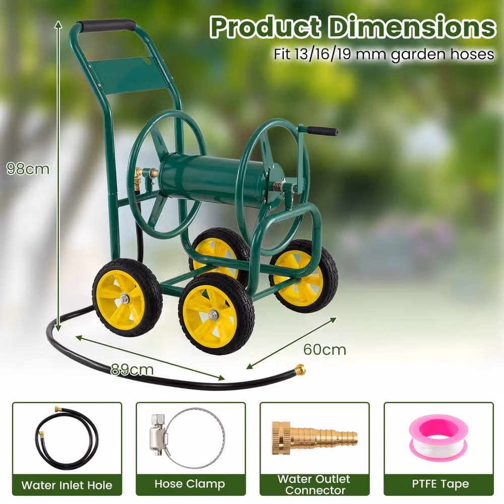 Costway Green Metal 4-Wheel Garden Hose Reel Cart and Water Hose Organiser – 4