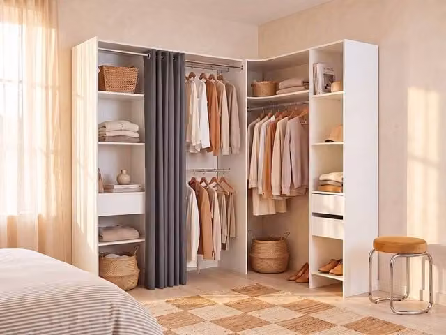 Vente-unique Extendable Corner Wardrobe in White and Grey with Roll Shutter Doors and Integrated Drawers, H 205 x W 164-214 x D 60 cm