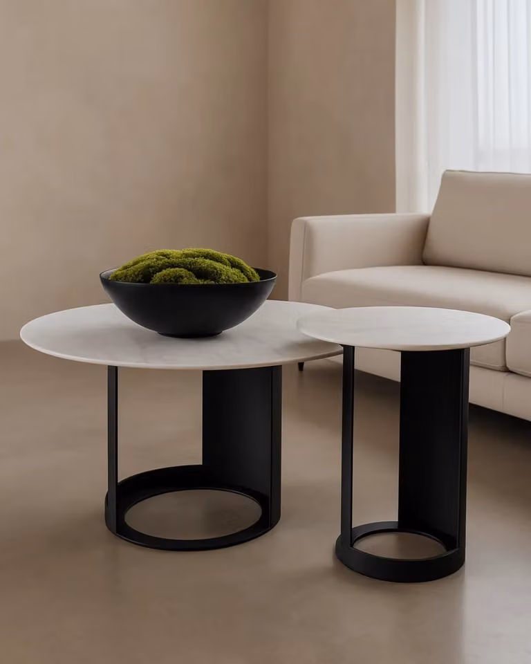 Tommy Franks Alban Coffee Table in Carrara White Marble and Black Metal, W/D/H: 80 x 80 x 42 cm