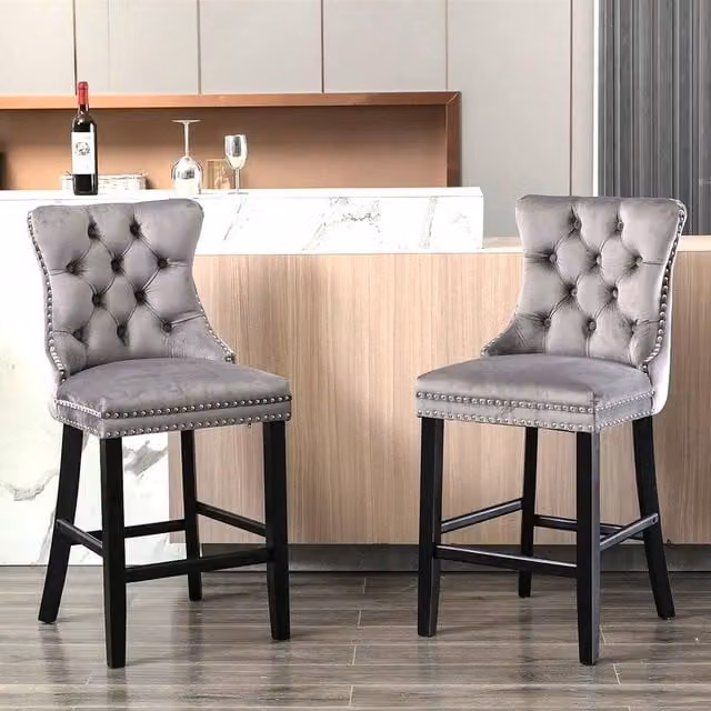 Modern Home Touch Romsey Set of 2 Grey Velvet Bar Stools with Oak Legs – 1