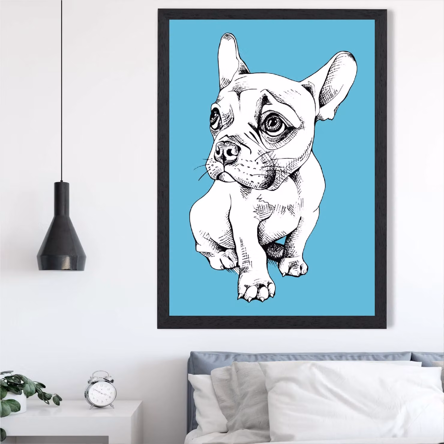 ARTZE Sketch French Bulldog Framed Print in Bright Blue with Black Frame, A4 – 2