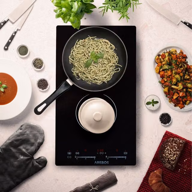 AREBOS Black Glass Ceramic Electric Countertop Hob with Sensor Touch, Child Safety Lock and Timer, Width: 51 cm