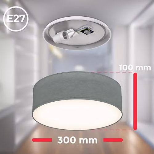 B.K.Licht Grey Fabric Ceiling Light with Ceramic Details, Cylinder Flush Mount Fitting, E27 Socket, Max 40W, W/D/H: 30 x 30 x 10 cm – 6