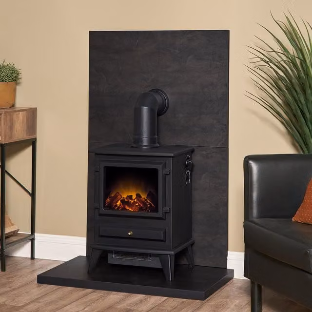 Acantha Tile and Hearth Set in Bronze Venetian Plaster Effect with OKO S1 Stove, Bronze and Black