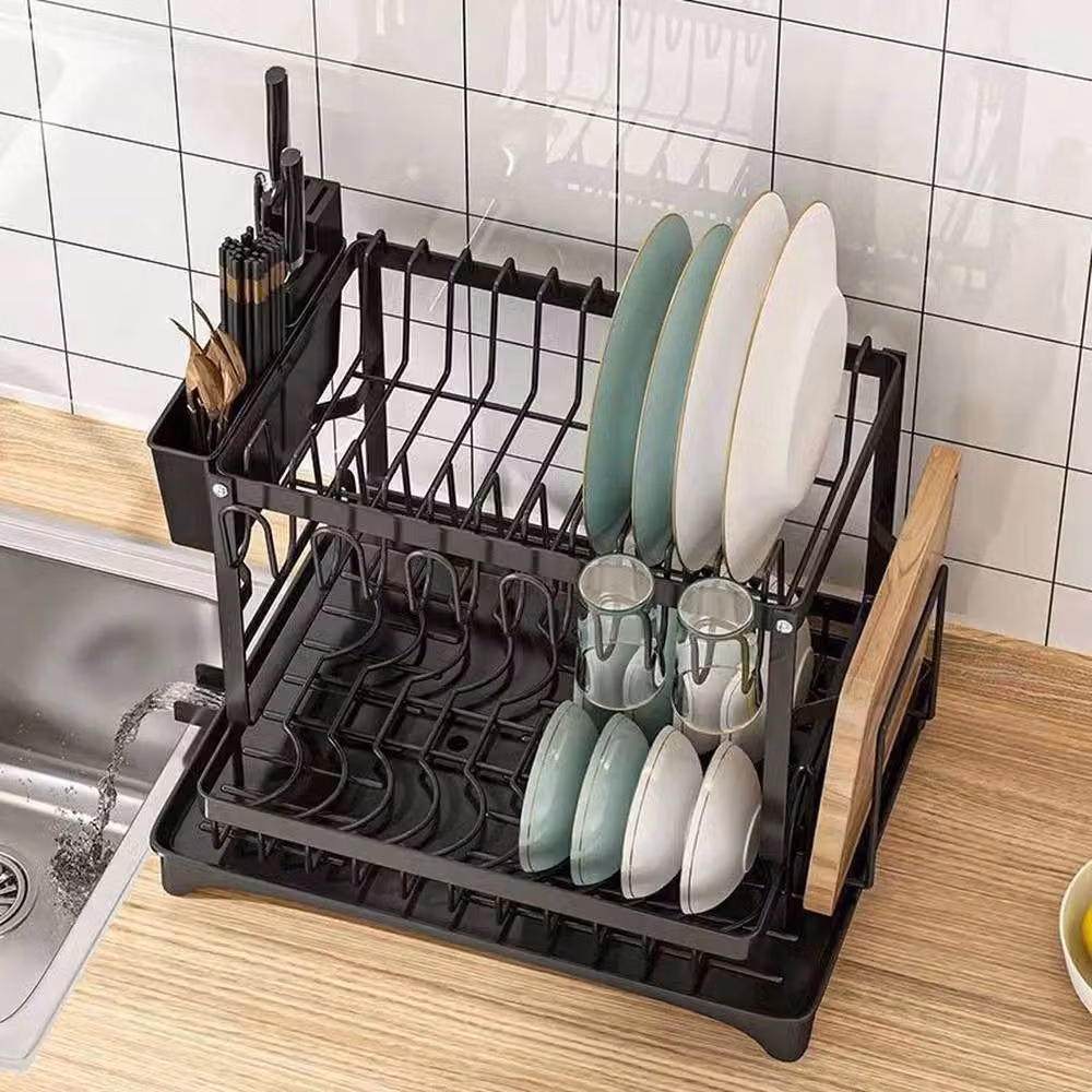 EONLION 2 Tier Dish Drainer Rack with Drip Tray and Cutlery Holder, Black – 4
