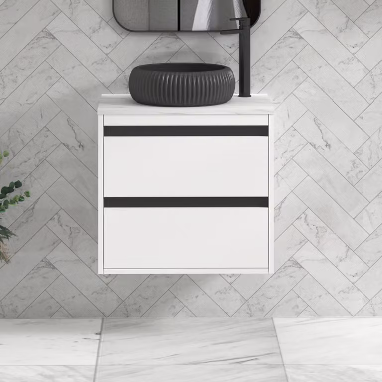 Royal Bathrooms Orion 800mm Matt White Wall Hung 2 Drawer Vanity Unit with Milan Black Basin and Black Accent Trim