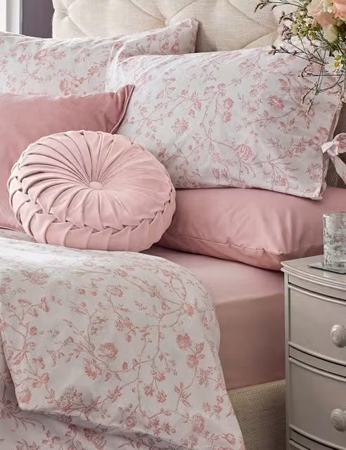 Laura Ashley Aria Floral Pure Cotton Bedding Set with Pillowcase, Blush Pink, 140 x 200 cm