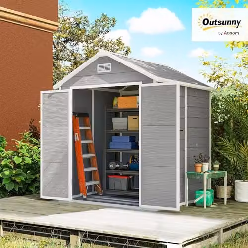Outsunny Grey Resin Garden Shed with Double Doors, Window and Floor, W/D/H: 182 x 151 x 219 cm – 2