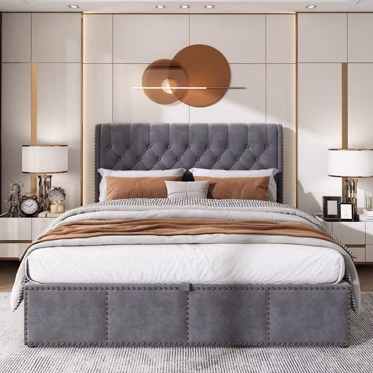BTM Grey Linen Upholstered Double Storage Bed Frame with Lift Up Base and Matching Bench, W/D/H: 140 x 190 cm