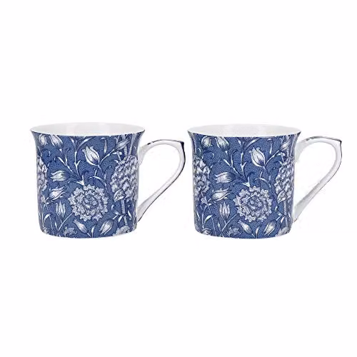 Kitchen Craft Floral Porcelain Bone China Mugs in Blue and Multicolour, Set of 2, 300ml – 1