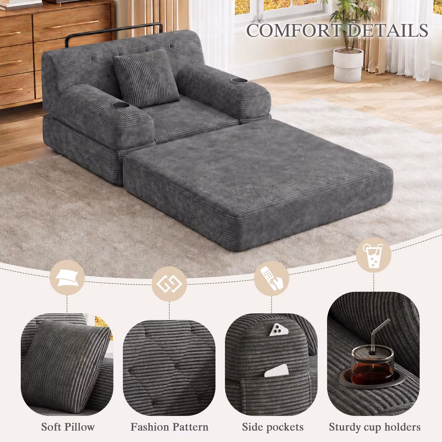 Aosom UK 1-Seater Convertible Chair Bed with High-Density Foam and Metal Frame, Dark Grey, W: 80 cm, D: 107 cm, H: 81 cm – 5