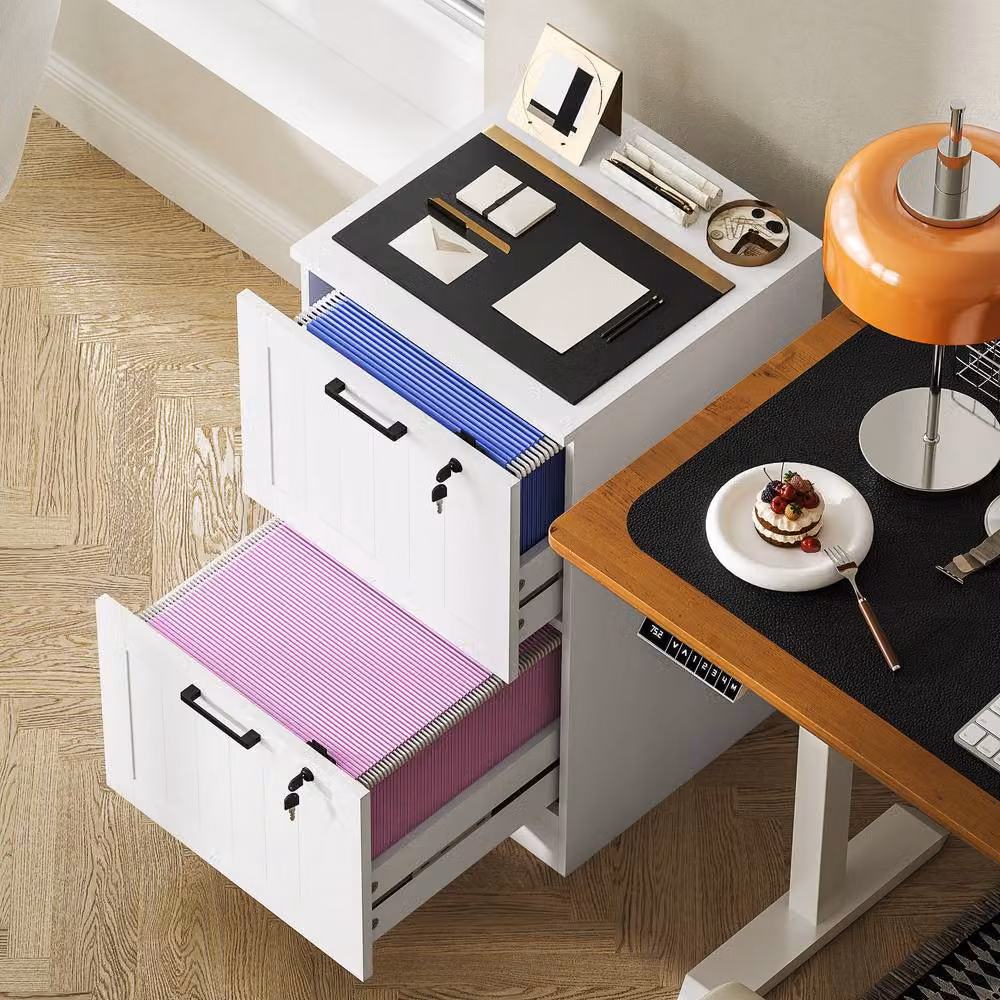 Rolipo Lockable 2-Drawer Metal Filing Cabinet with A4 Letter Hanging Rails in White – 7