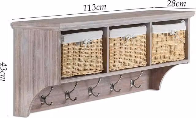 Tetbury Wall-Mounted Coat Rack with Rattan Storage Baskets in Brushed Acacia