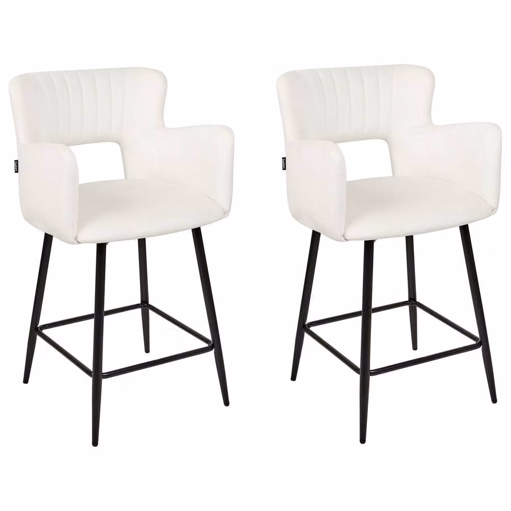 Wyld and Coco Set of 2 White Velvet Bar Chairs with Armrests and Metal Legs – 2