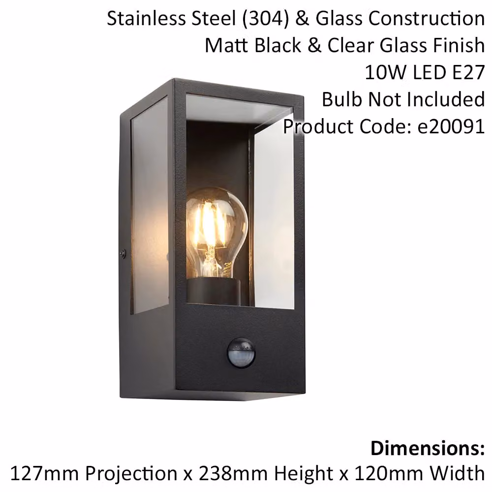 Loops Matt Black Outdoor Wall Light with PIR Motion Sensor and Clear Glass Rectangular Lantern – 2