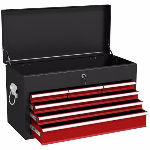 HOMCOM 6 Drawer Metal Tool Chest with Lockable Top Case in Red, W/D/H: 60.0 x 26.0 x 34.0 cm