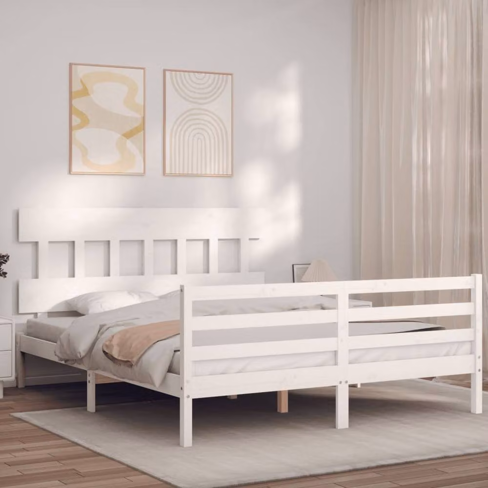 Berkfield Home Solid Pine Bed Frame with Headboard in White, W/D/H: 160 x 200 cm – 2