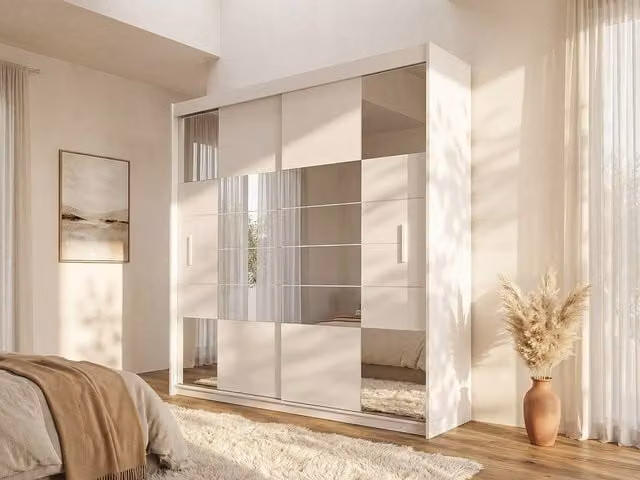 Vente-unique Rovinja White Wardrobe with 2 Sliding Doors and Mirror, W: 203 cm, D: 61 cm, H: 215 cm