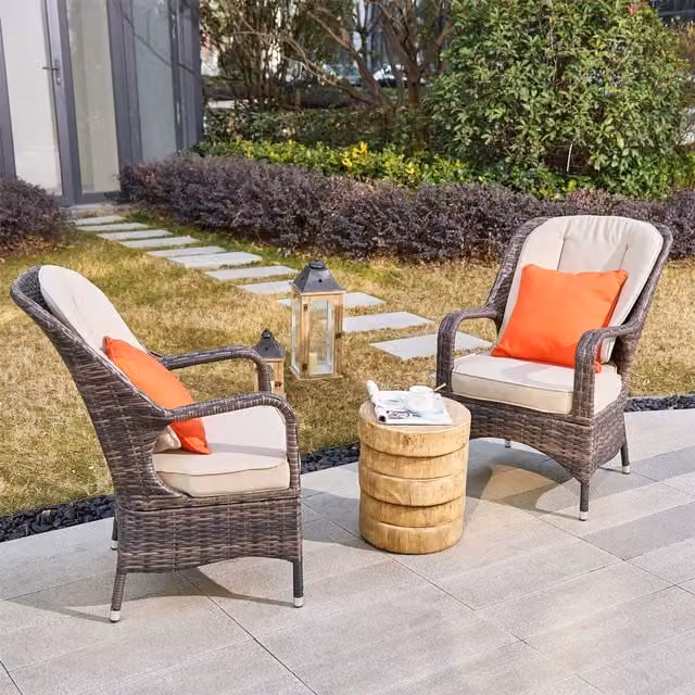 Direct Wicker 3-Piece Outdoor Garden Bistro Set with Rattan Chairs and White Concrete Side Table in Natural and Brown – 1