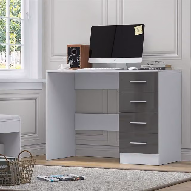 Reflect 4 Drawer High Gloss Desk in Grey Gloss and Matt White, H: 72 cm, W: 99 cm, D: 39.5 cm