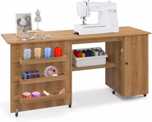 Costway Large Foldable Sewing and Craft Table with Drop Leaf and Lockable Casters in Natural Brown