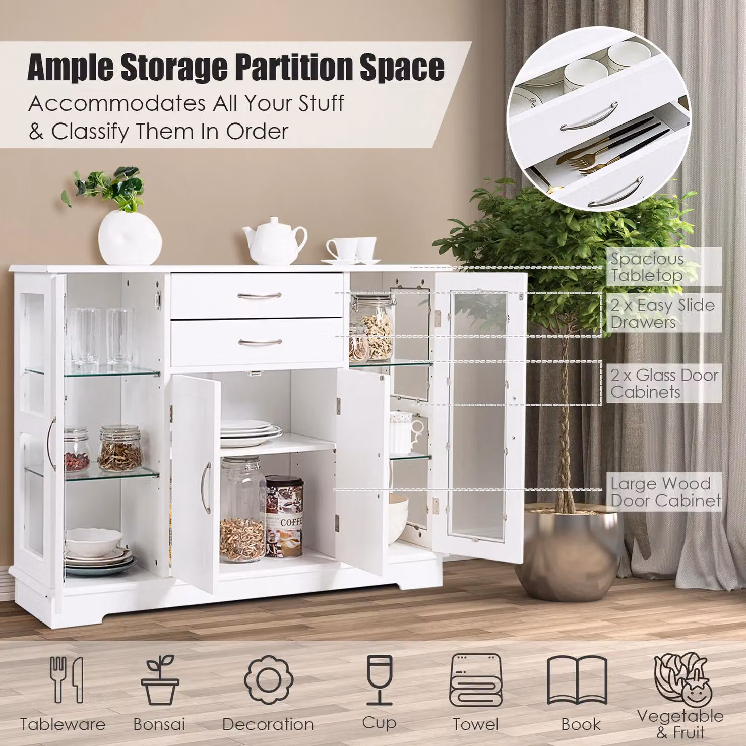 Costway Kitchen Buffet Server Sideboard Wooden Storage Cupboard Cabinet in White – 2