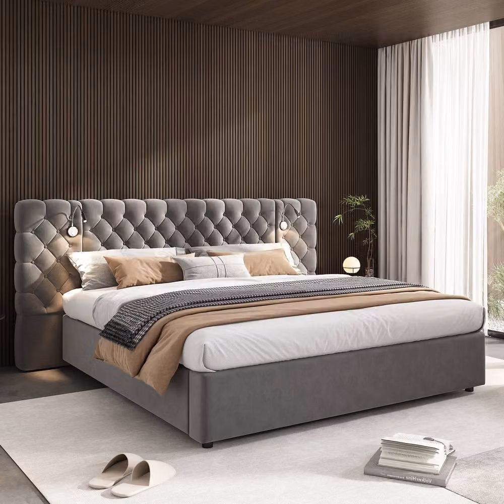 Matteo King Size Velvet Upholstered Bed with Hydraulic Storage and Integrated Reading Light in Grey, W/D/H: 180 x 200 cm – 3